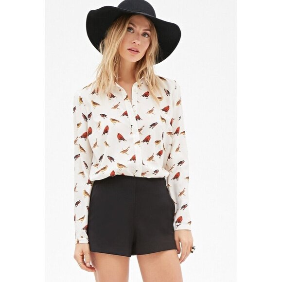 Forever 21 Womens Blouse Button Up Top Shirt Size L Cream All Over Bird Print - Picture 1 of 12